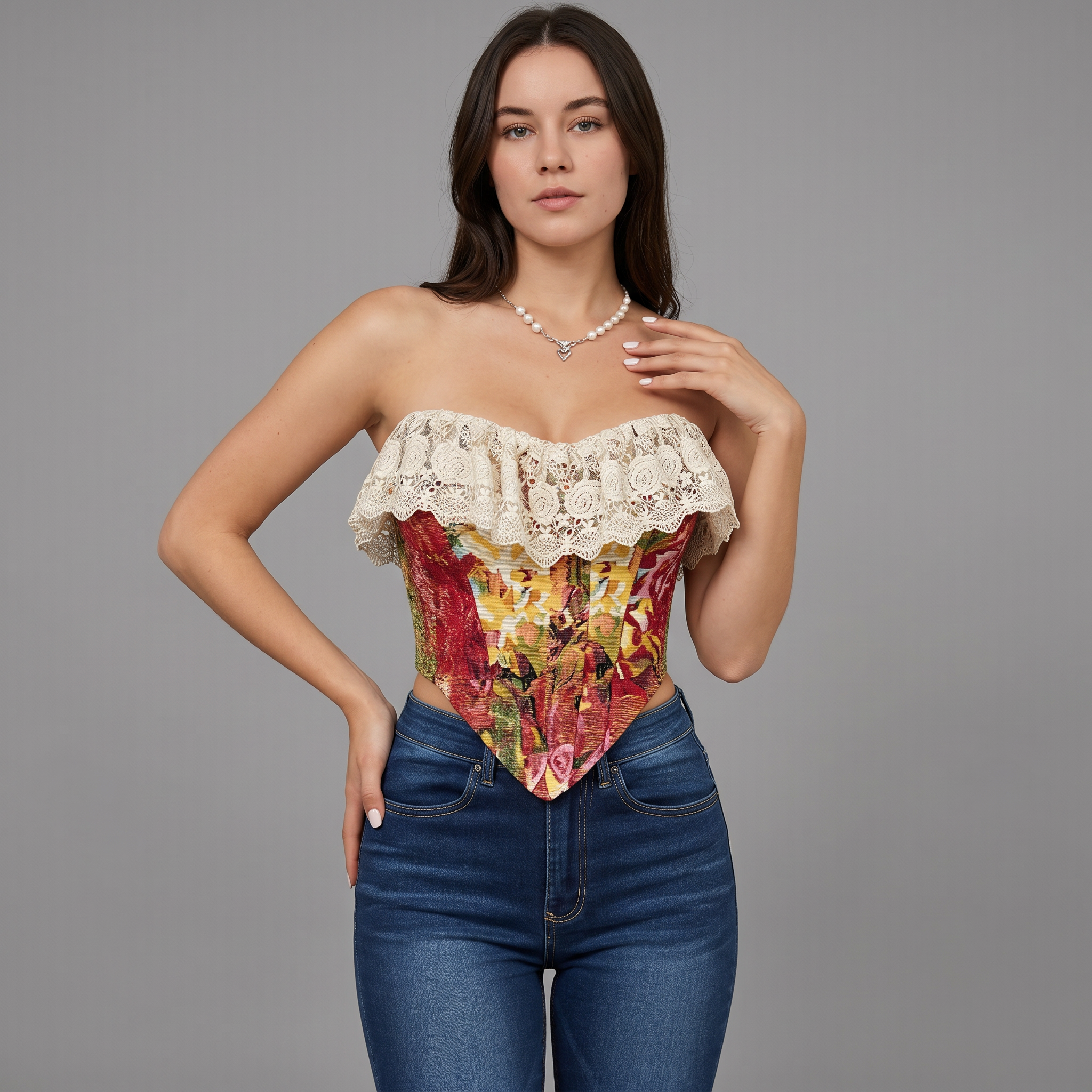 Art Print Lace Panel Boned Vintage Jacquard Cami Blouse