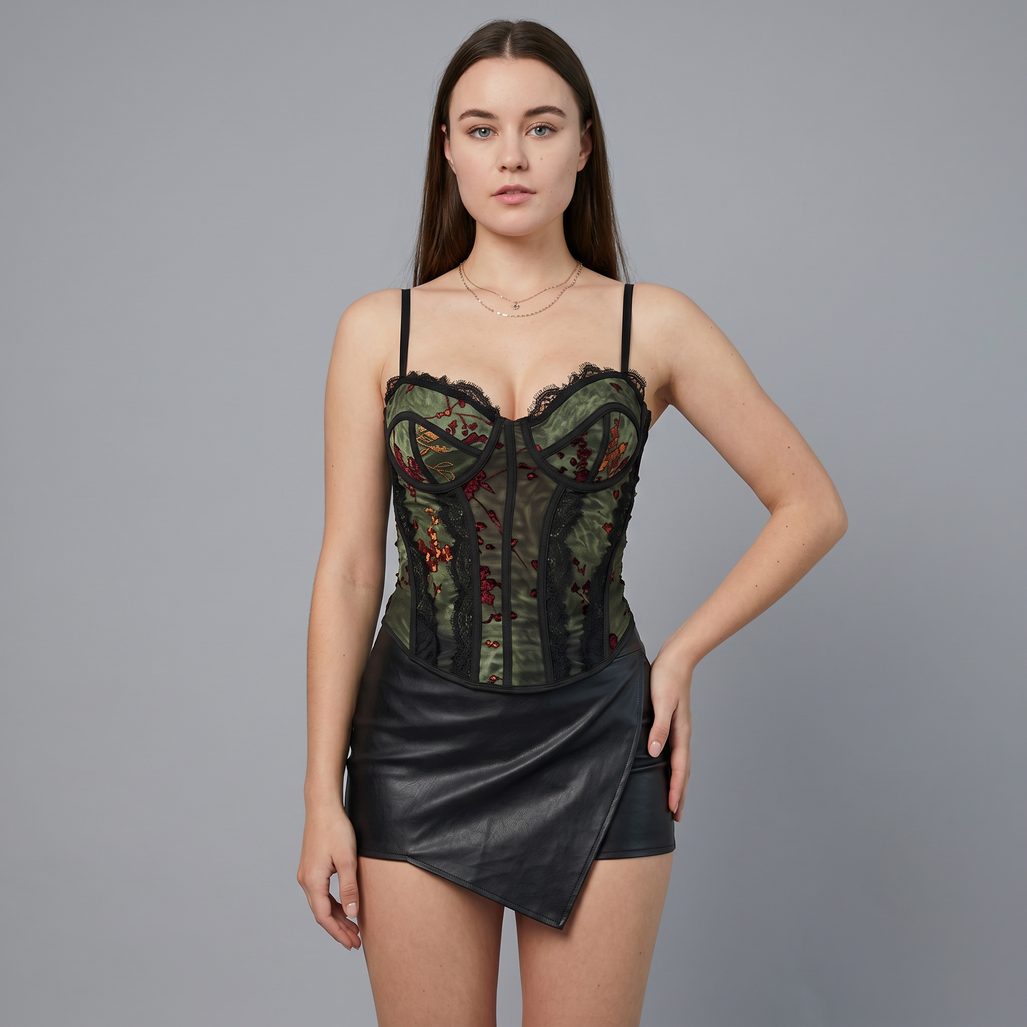 Mesh Print Lace Insert Underwire Corset Cami Top