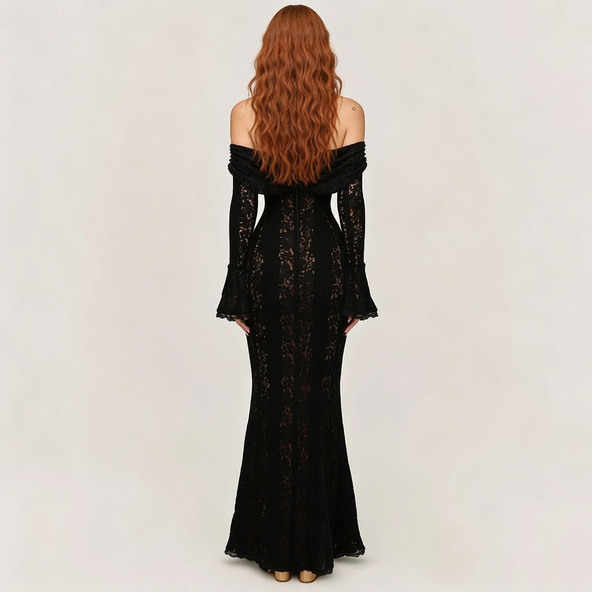 Lace Flare Sleeve Floor-Length Dress