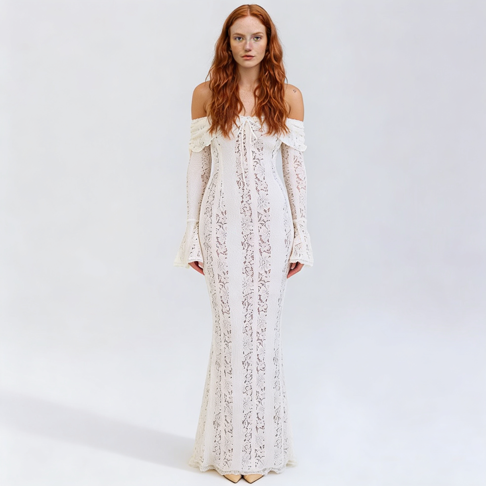 Lace Flare Sleeve Floor-Length Dress