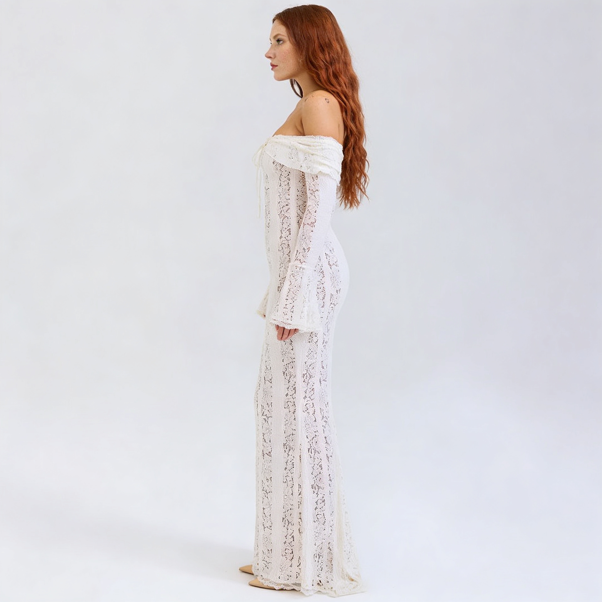 Lace Flare Sleeve Floor-Length Dress