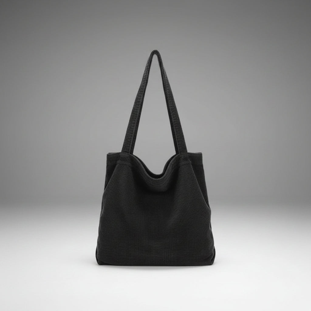 Front view of the Marinda corduroy tote bag in black with a simple and sleek design