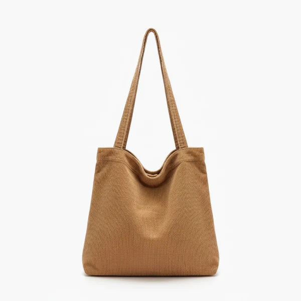 Front view of the Marinda corduroy tote bag in brown with a simple and sleek design