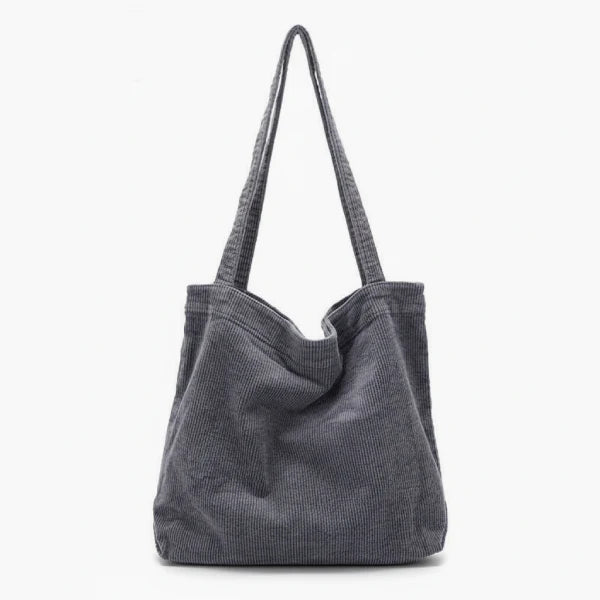 Front view of the Marinda corduroy tote bag in grey with a simple and sleek design