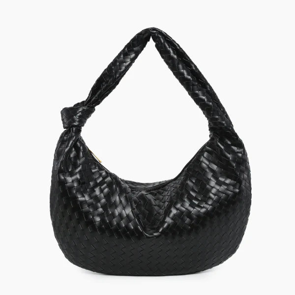 Maris Vegan Leather Hobo Bag in black, front studio view showcasing knotted shoulder strap and spacious crescent silhouette