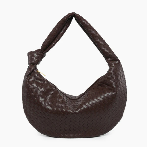 Maris Vegan Leather Hobo Bag in coffee brown, front studio view showcasing knotted shoulder strap and spacious crescent silhouette