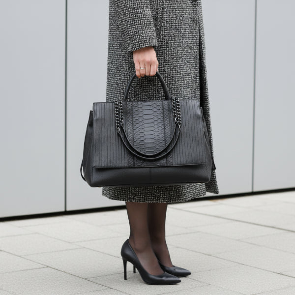 Croc-Embossed Genuine Leather Large Tote Bag