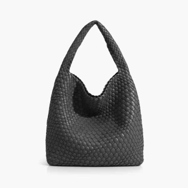 Soraya Vegan Leather Hobo Bag in dark grey, front view of oversized slouchy woven shoulder hobo with deep drop