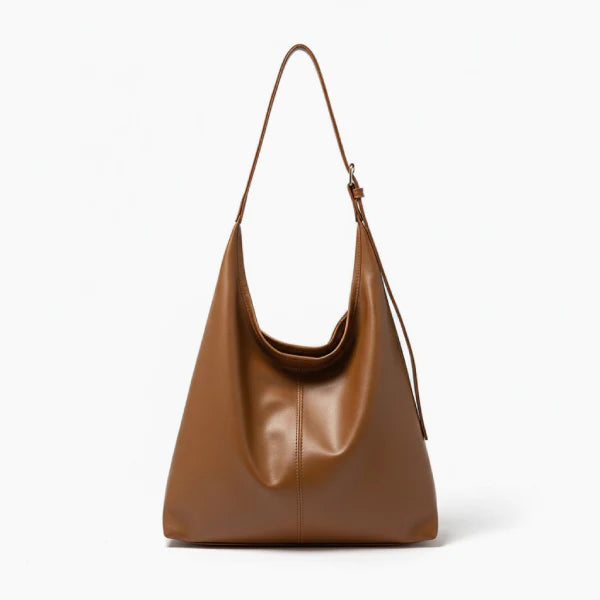 Sorella Vegan Leather Hobo Bag in brown, front view of sleek minimalist hobo with adjustable shoulder strap