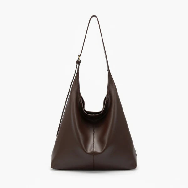 Sorella Vegan Leather Hobo Bag in coffee, front view of sleek minimalist hobo with adjustable shoulder strap