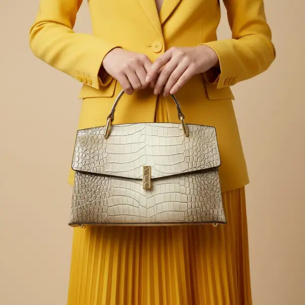 Croc-Embossed Genuine Leather Large Satchel Bag