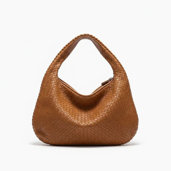 Valencia Vegan Leather Hobo Bag in brown, front view of crescent hobo with woven texture and structured handle