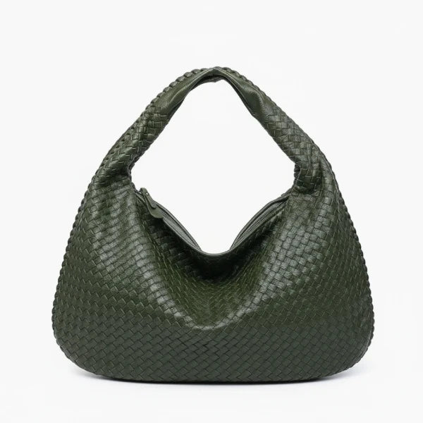 Front view of dark green woven vegan leather hobo bag with a spacious design, wide handle, and zipper opening