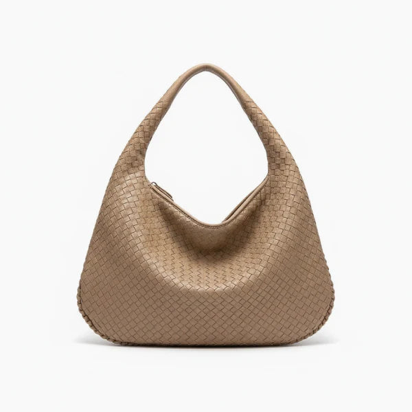 Front view of khaki woven vegan leather hobo bag with wide handle and zipper opening