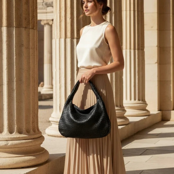 Woven Vegan Leather Large Hobo Bag