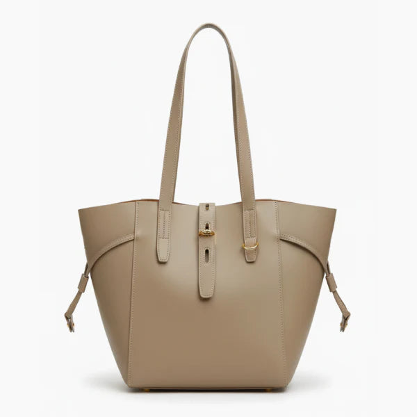 Front view of the Zairen genuine cowhide tote bag in khaki with sleek design and adjustable side straps
