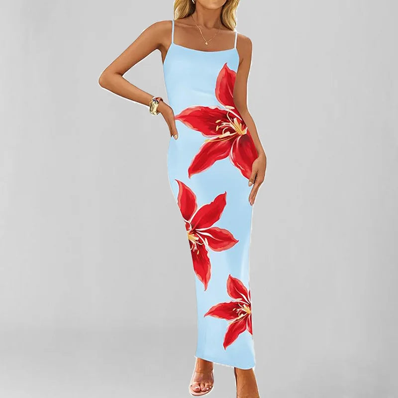 Azure Bloom – Elegant Sleeveless Midi Dress