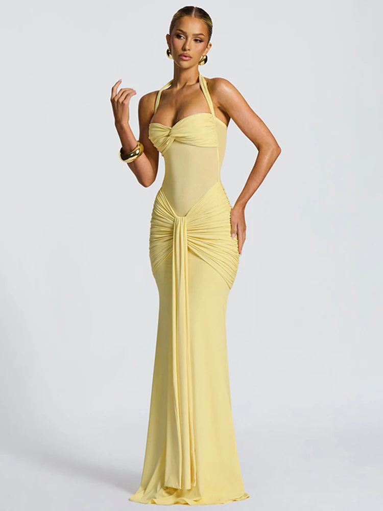 Solid Halter Bodycon Ankle-Length Dress