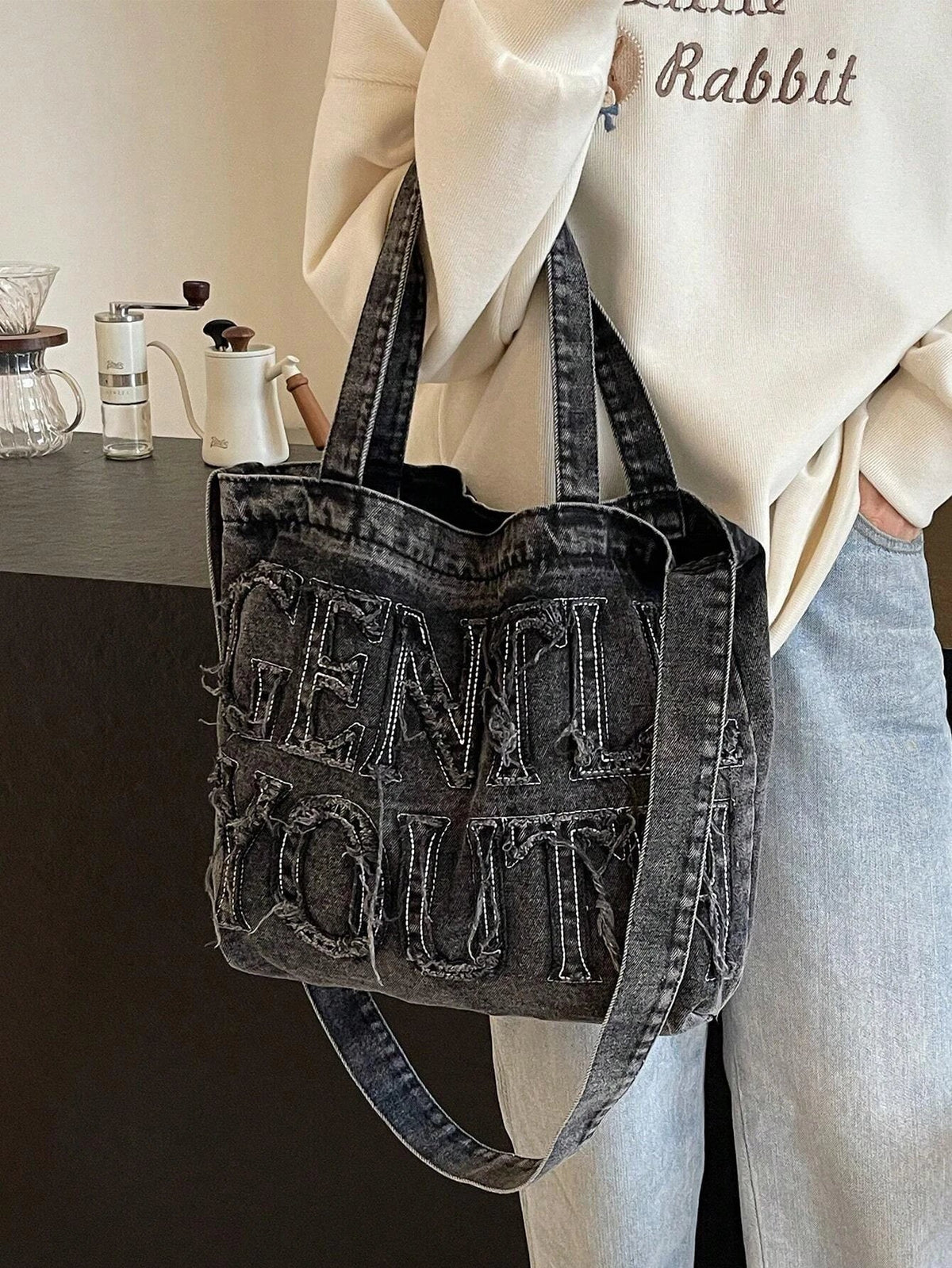 Embroidered Canvas Large Tote Bag