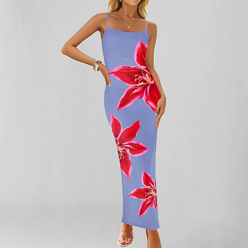 Azure Bloom – Elegant Sleeveless Midi Dress