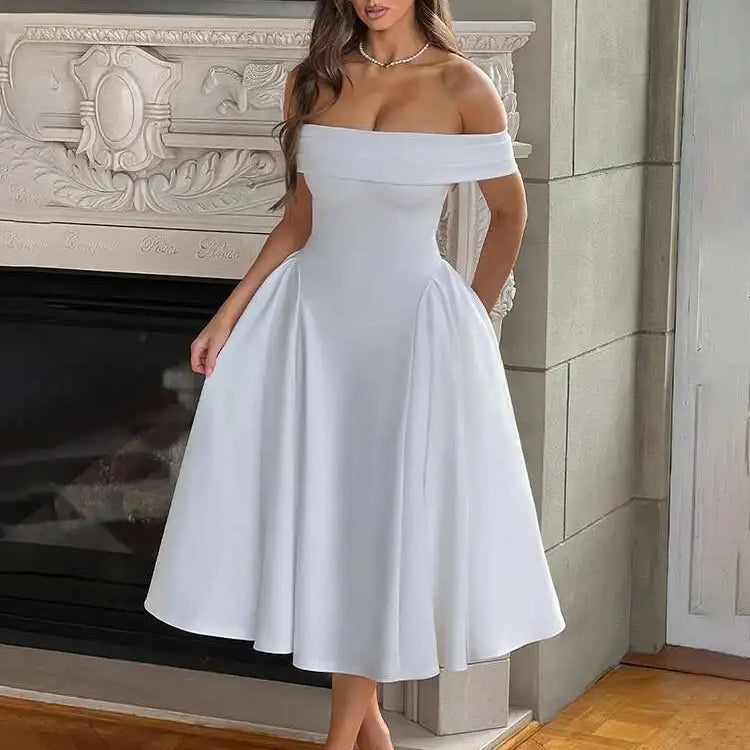 Celeste Aura – Mid-Calf Off-The-Shoulder Dress