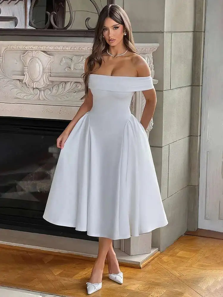 Celeste Aura – Mid-Calf Off-The-Shoulder Dress