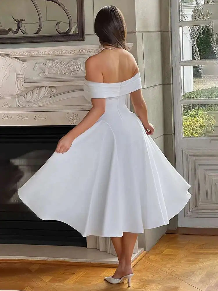 Celeste Aura – Mid-Calf Off-The-Shoulder Dress