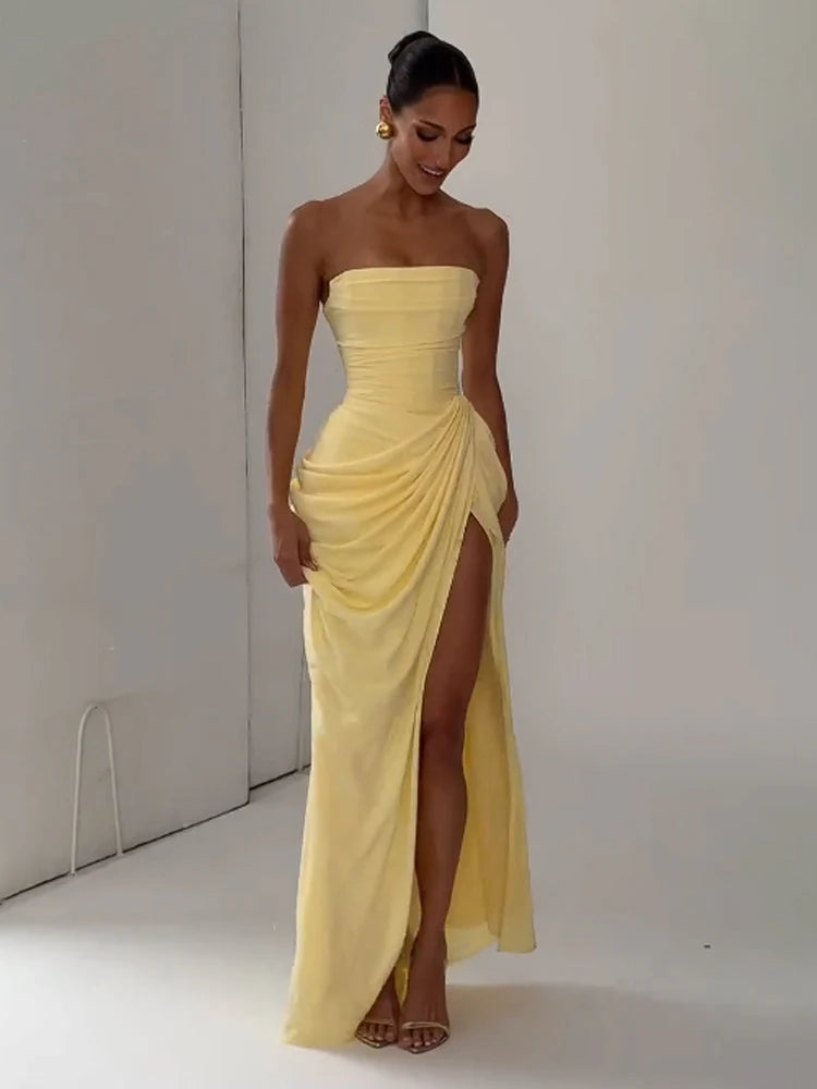Pleated V-Neck Floor-Length Dress