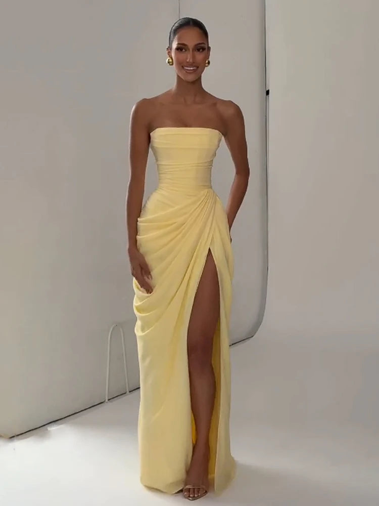 Pleated V-Neck Floor-Length Dress
