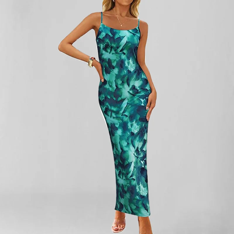 Azure Bloom – Elegant Sleeveless Midi Dress