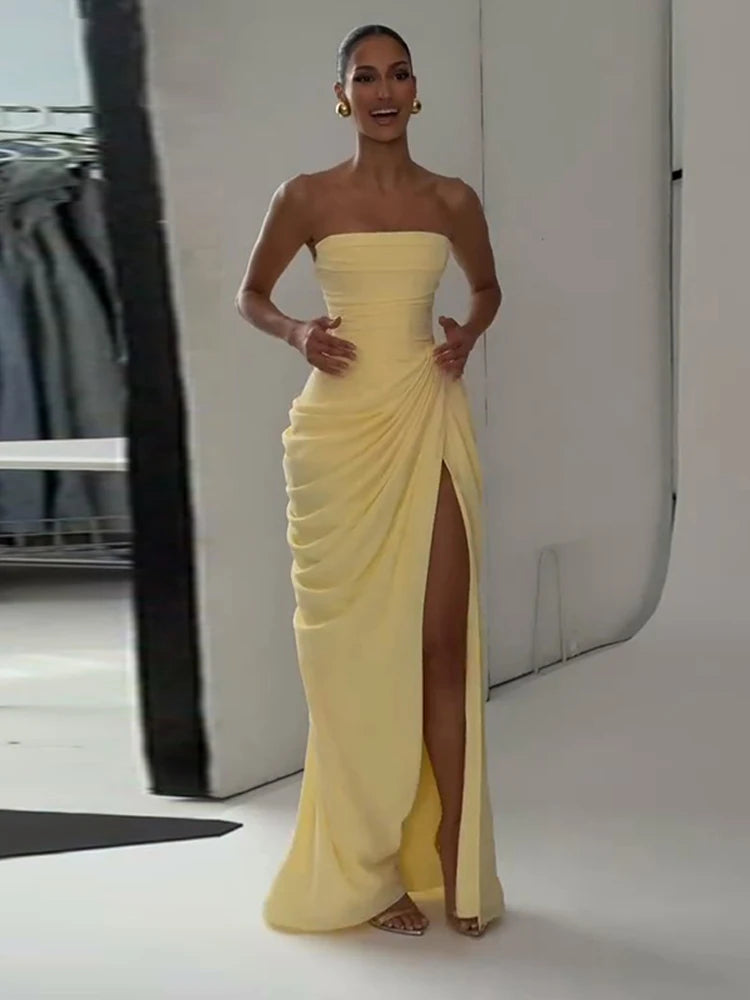 Pleated Strapless Ankle-Length Dress