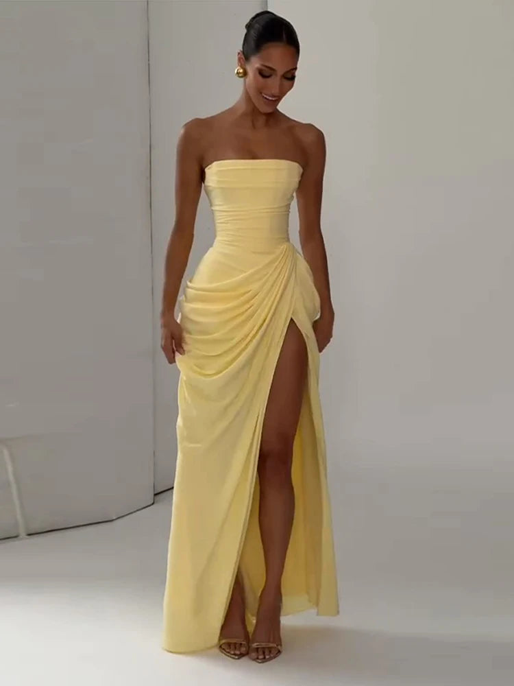 Pleated Strapless Ankle-Length Dress