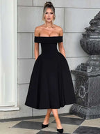 Solid Slash Neck A-Line Midi Dress
