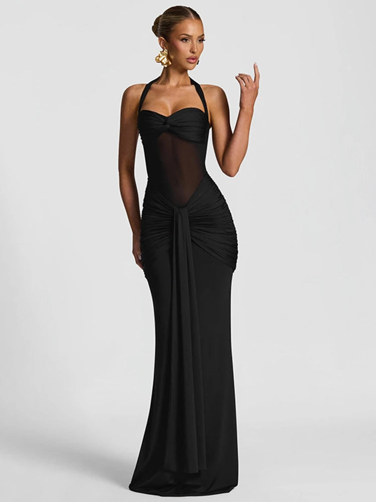 Solid Halter Bodycon Ankle-Length Dress