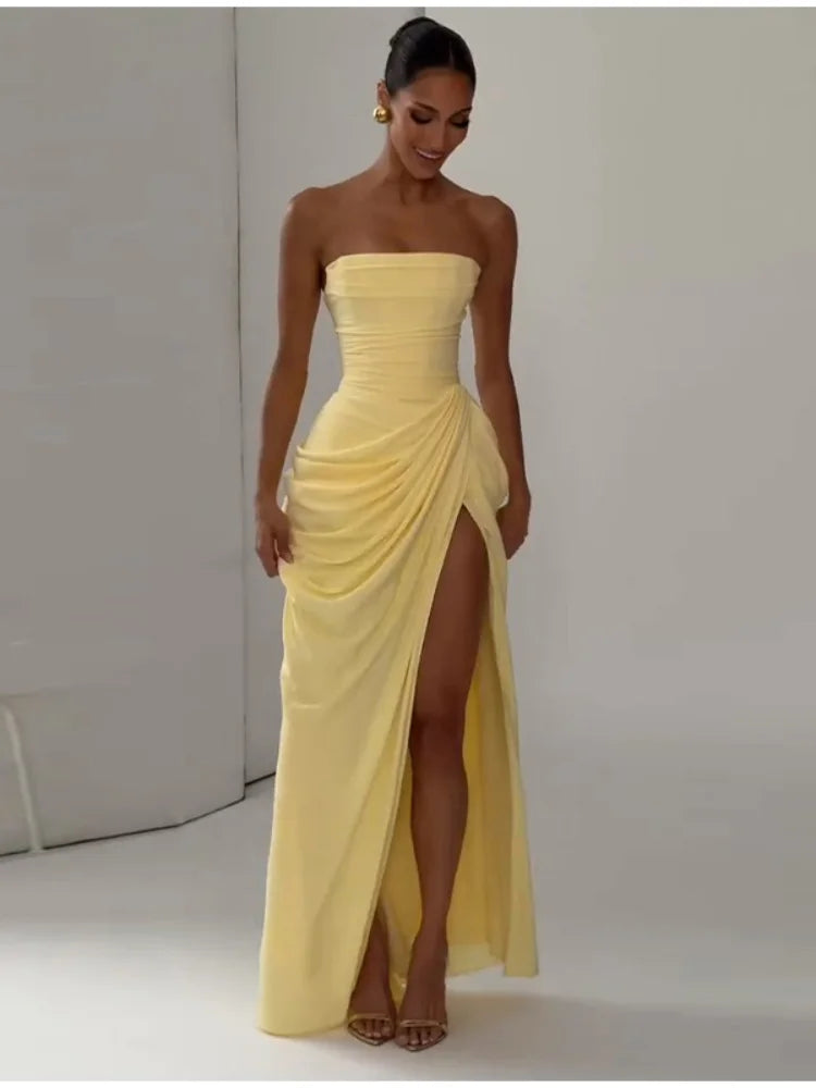 Pleated Strapless Ankle-Length Dress