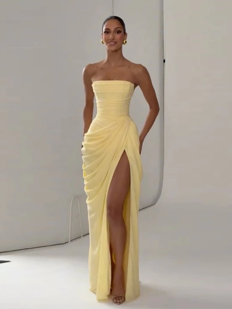 Pleated Strapless Ankle-Length Dress