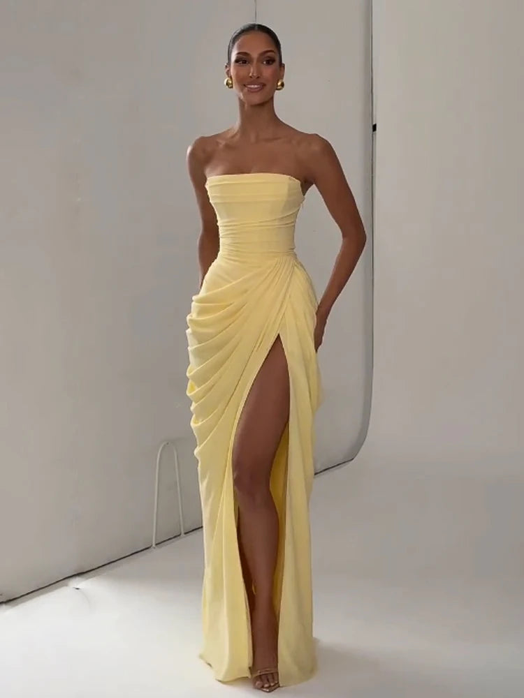 Pleated V-Neck Floor-Length Dress