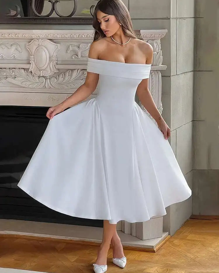 Celeste Aura – Mid-Calf Off-The-Shoulder Dress