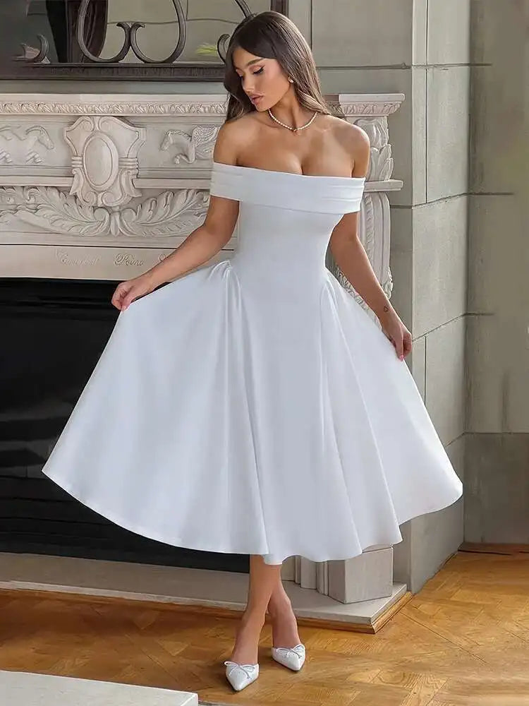 Celeste Aura – Mid-Calf Off-The-Shoulder Dress