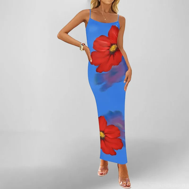 Azure Bloom – Elegant Sleeveless Midi Dress