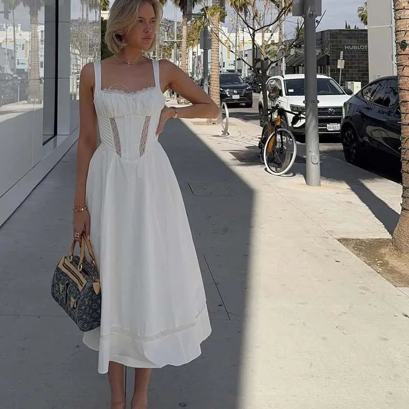 Lace Square Neck A-Line Midi Dress
