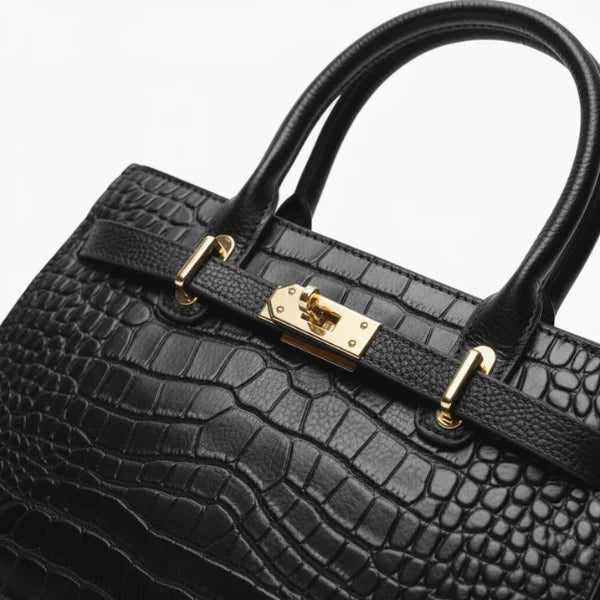 Croc-Embossed Genuine Leather Satchel Bag