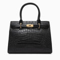 Front view of Adara genuine leather black satchel bag with crocodile texture and gold hardware
