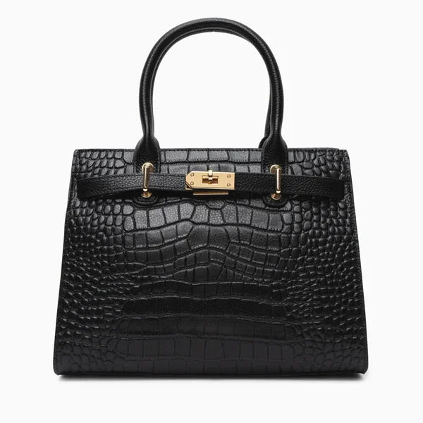 Front view of Adara genuine leather black satchel bag with crocodile texture and gold hardware