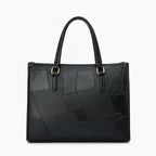 Front view of the Anelisse vegan leather tote bag in black with a modern, geometric pattern and elegant design