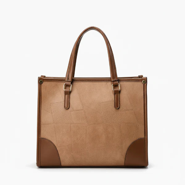 Front view of the Anelisse vegan leather tote bag in brown with a sleek design and contrasting leather details