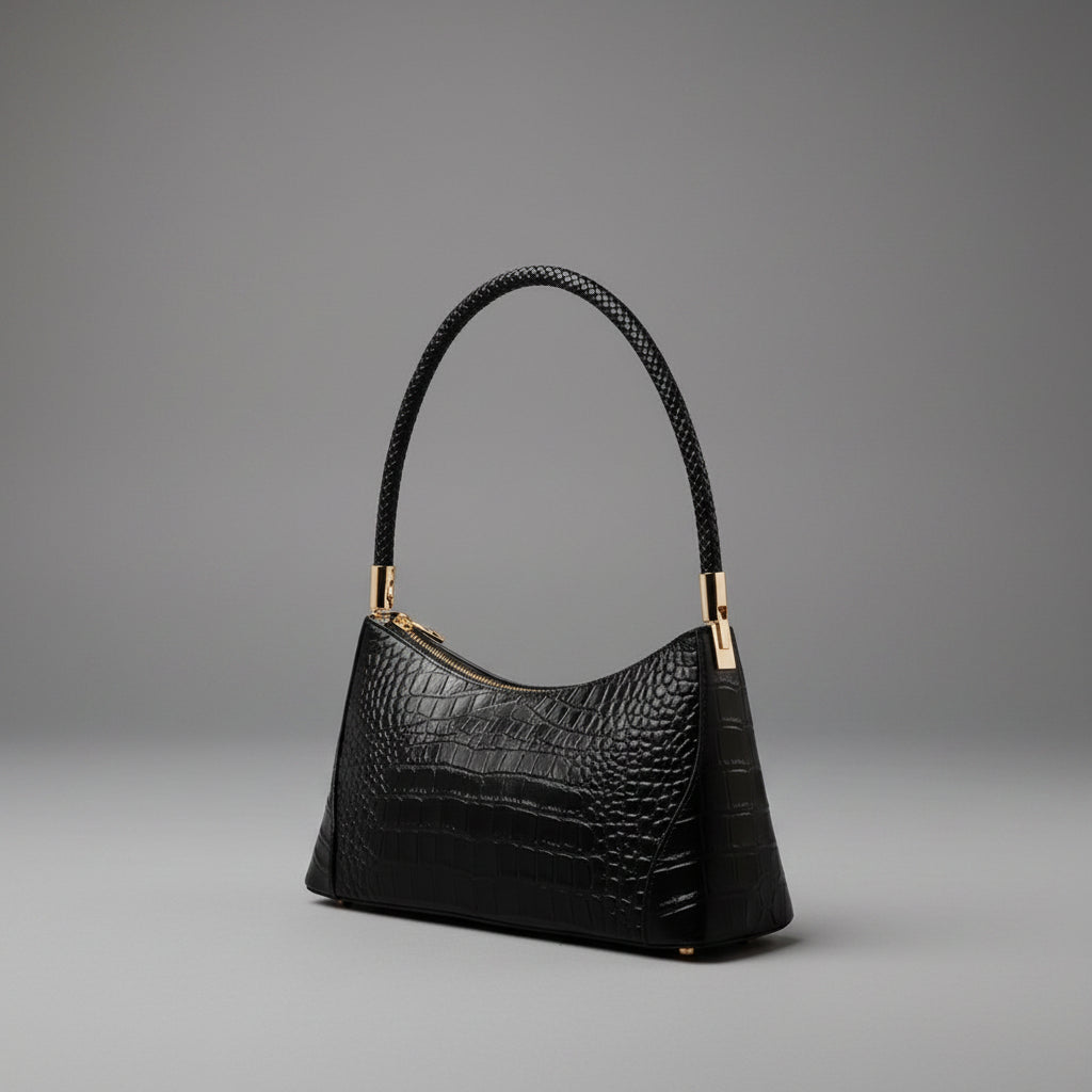 Front view of the black genuine cowhide leather shoulder bag with a sleek design, featuring gold-tone hardware and a classic silhouette