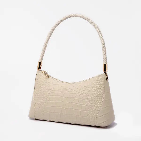 Front view of the Arlena genuine cowhide shoulder bag in off-white with a braided handle and smooth leather finish