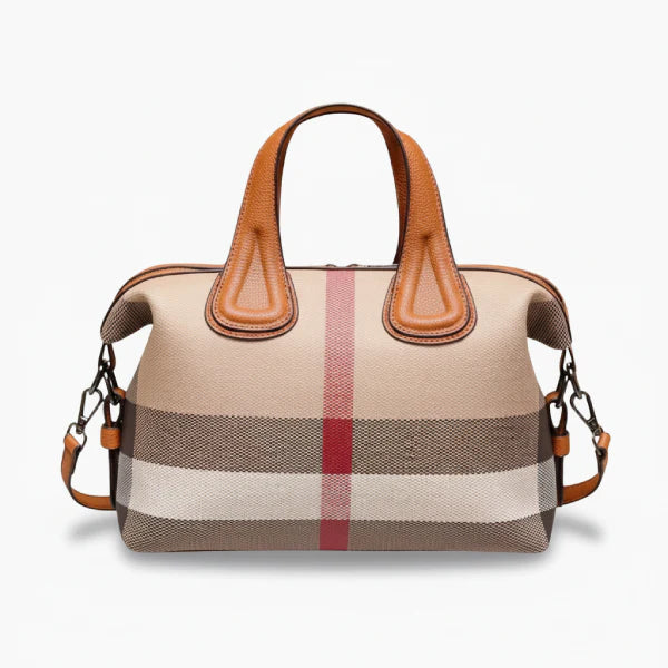 Front view of a brown vegan leather tote bag with a minimalist design, offering both style and practicality