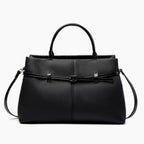 Front view of a black genuine leather tote bag with elegant buckle detailing, perfect for both work and casual settings